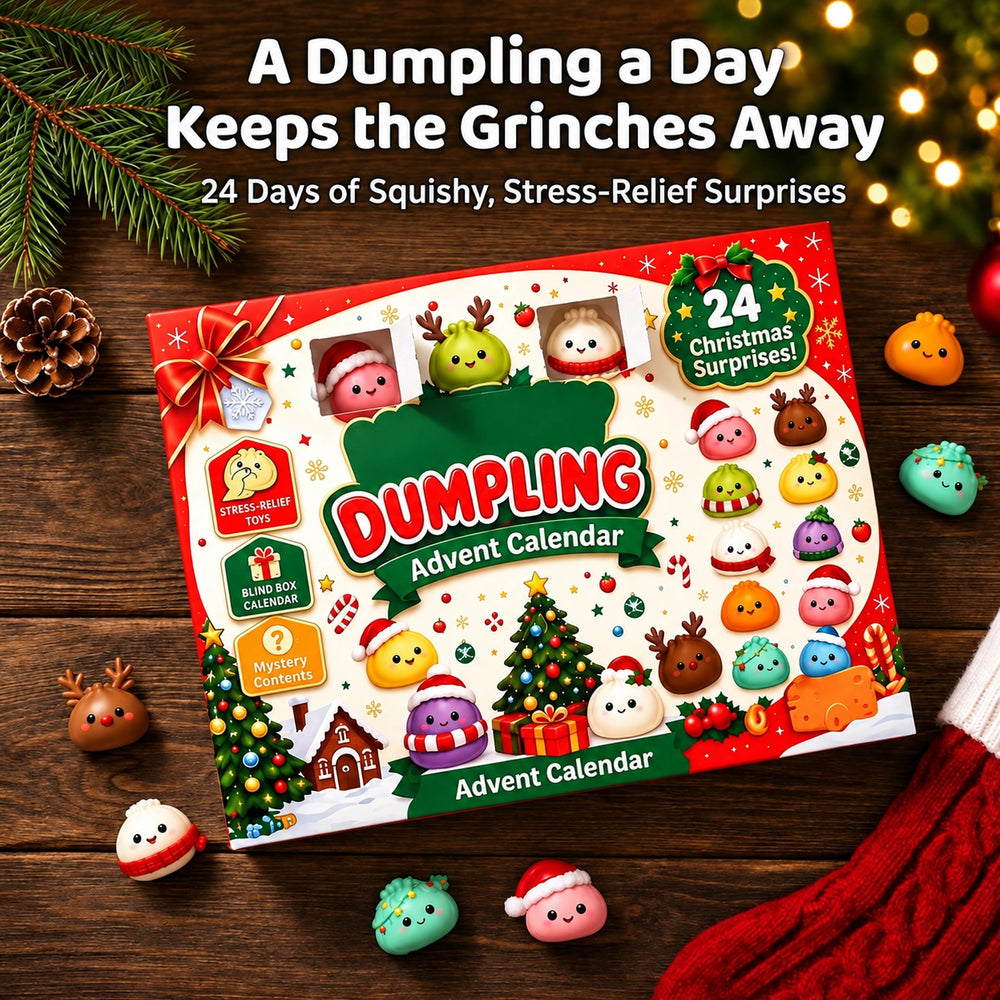 Dumpling advent calendar with holiday characters on a Christmas table