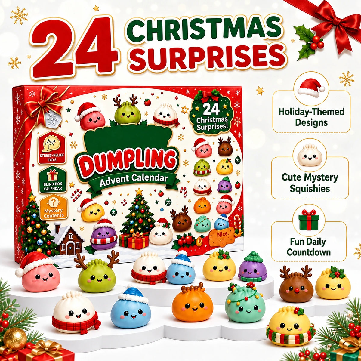 Christmas dumpling advent calendar with colorful holiday squishies