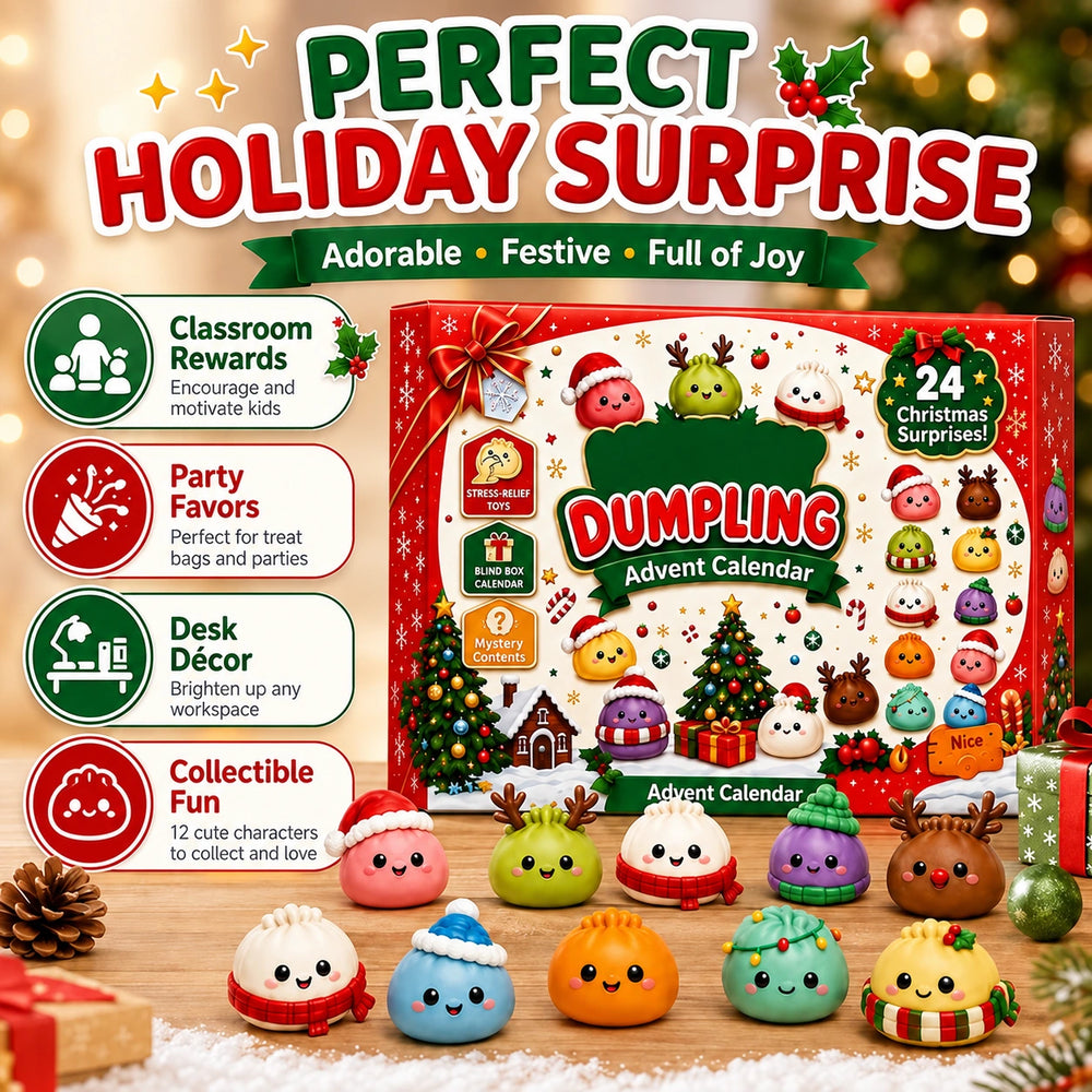 An assortment of festive dumpling squishies alongside the calendar