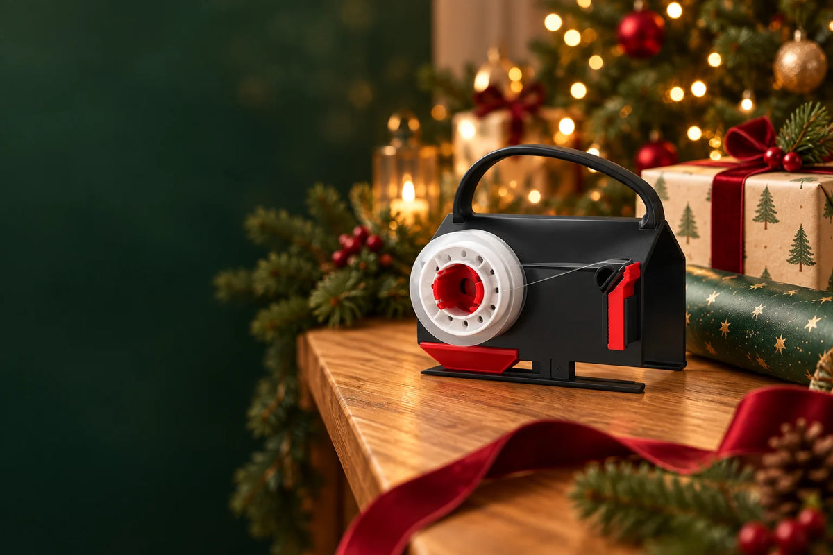 WrapJoy cutter beside Christmas presents and a warmly lit tree