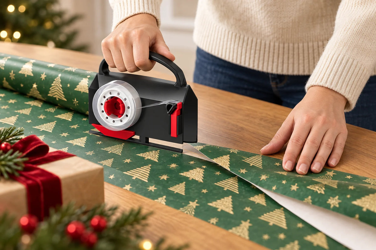 Adult guiding the WrapJoy cutter along Christmas wrapping paper