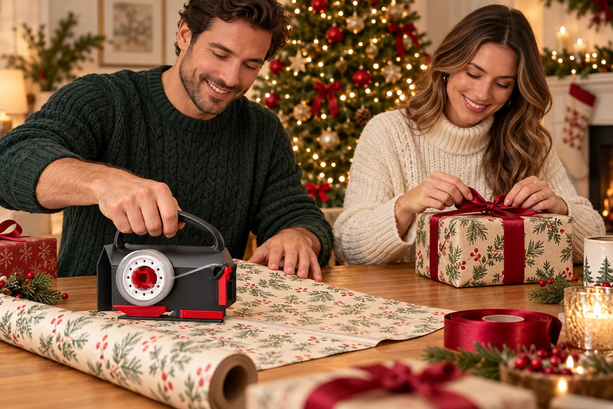 Two adults enjoying preparing Christmas gifts with WrapJoy